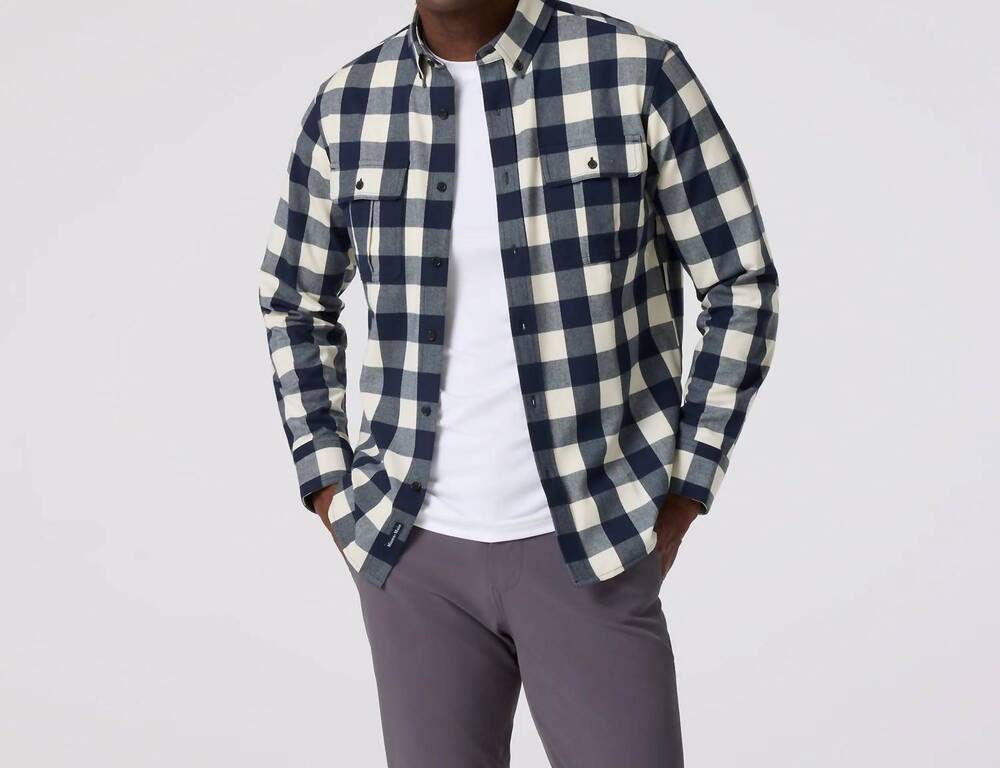 NEW MIZZEN + MAIN women's upstate flannel top in birch leo buffalo check